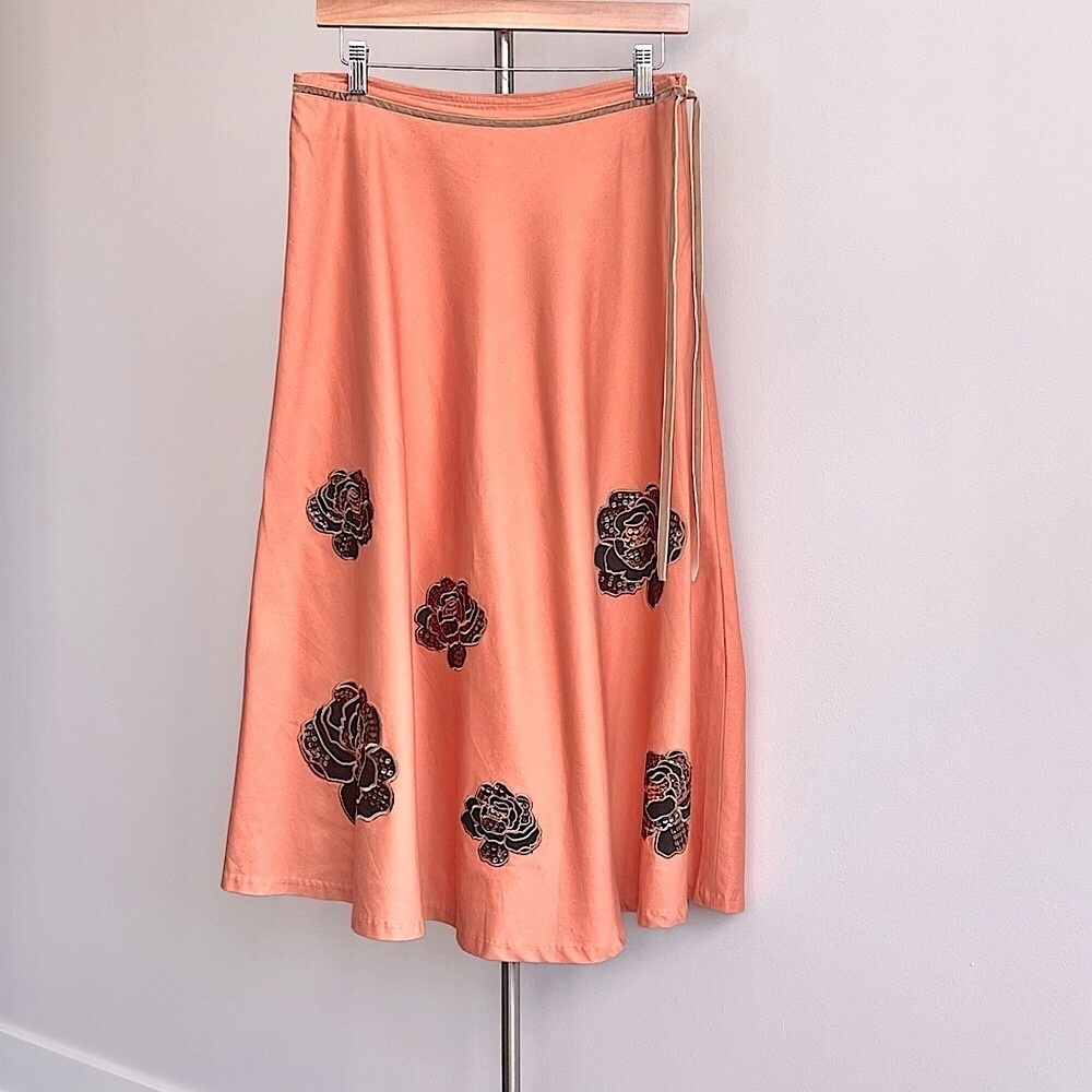 Lapis Salmon Pink-Orange Floral Embroidery 1950s Grease Maxi Swing Skirt Size 10